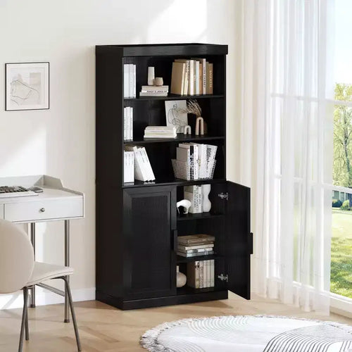 31 x 67 Black Wood Grain Combination Cabinet with 4 Adjustable Shelves, Open Bookshelf Storage Cabinet