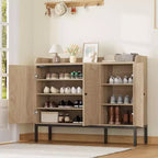 Meuble à chaussures autoportant en rotin Acekool avec 3 portes, 4 étagères réglables et pieds en métal, rangement à chaussures dissimulé pour entrée, couloir, salon