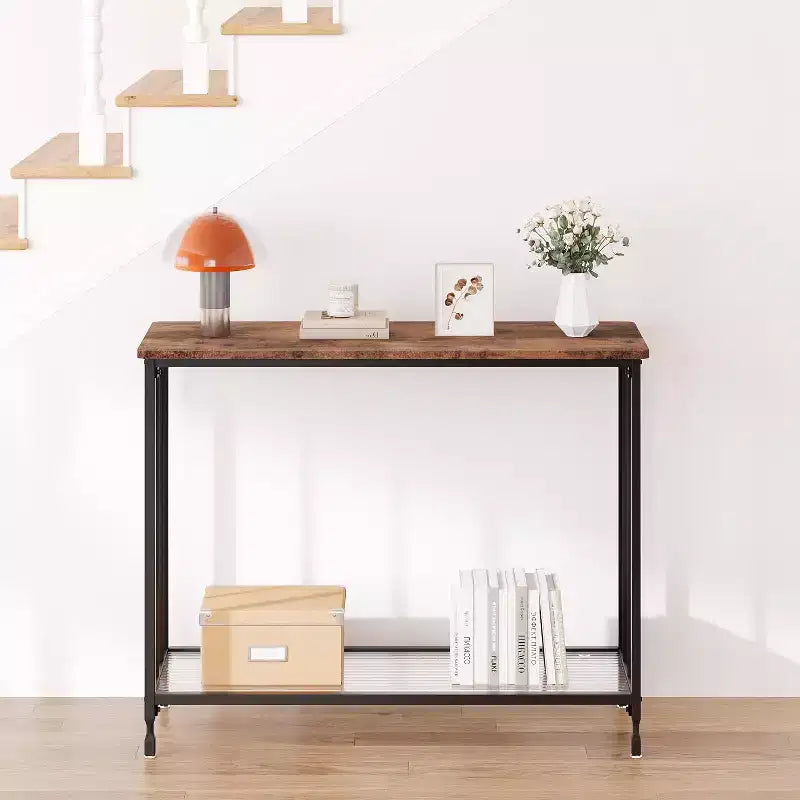 Console, Table d'appoint étroite pour entrée avec étagère en verre et cadre en métal