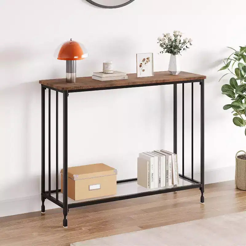 Console, Table d'appoint étroite pour entrée avec étagère en verre et cadre en métal