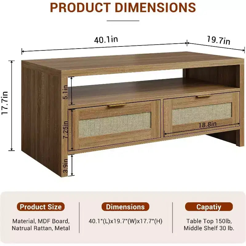 Table basse marron Mid-Century 2 tiroirs en rotin | Table rectangulaire de 40" avec plateau en bois épais | Table de salon avec étagère ouverte