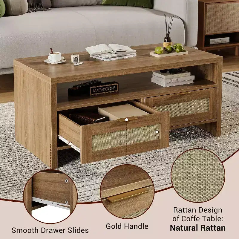 Table basse marron Mid-Century 2 tiroirs en rotin | Table rectangulaire de 40" avec plateau en bois épais | Table de salon avec étagère ouverte