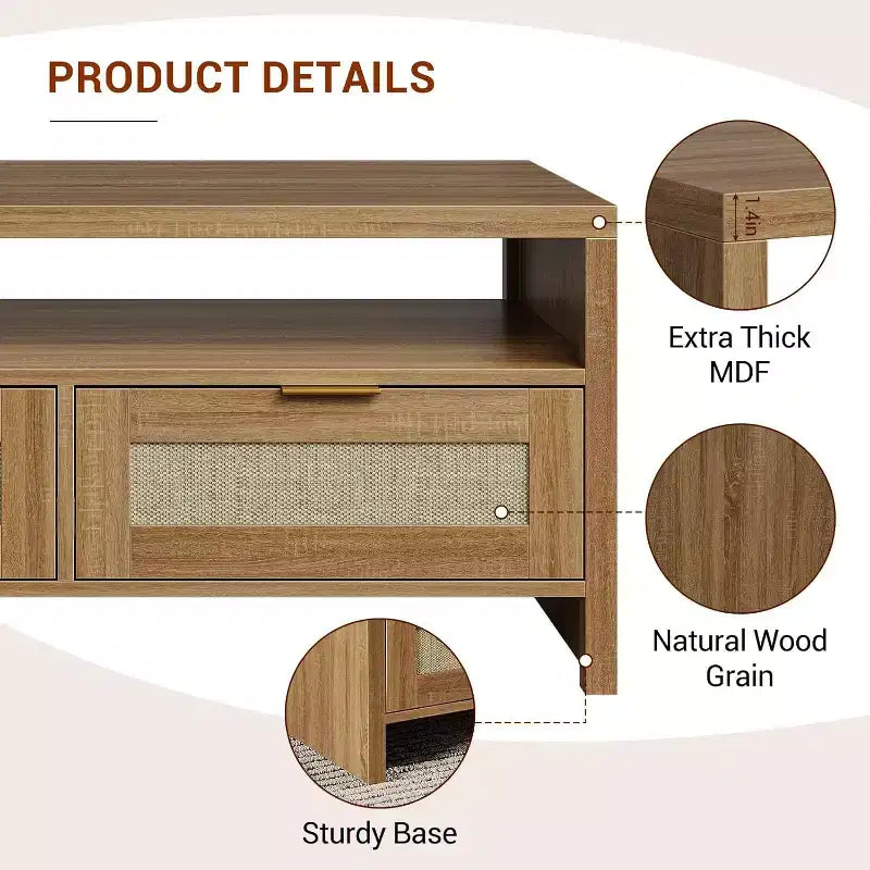 Table basse marron Mid-Century 2 tiroirs en rotin | Table rectangulaire de 40" avec plateau en bois épais | Table de salon avec étagère ouverte