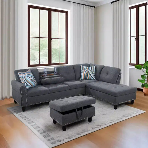 3-Piece L-Shaped Combination Sofa Set in Grey Linen for Living Room