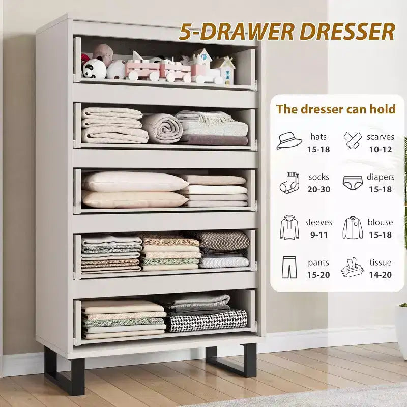 Commode verticale Acekool à 5 tiroirs, armoire de rangement haute de 130 cm avec tiroirs profonds pour chambre et entrée