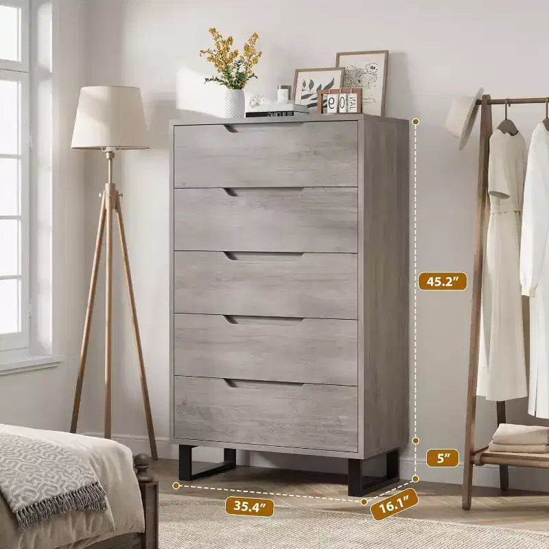 Commode verticale Acekool à 5 tiroirs, armoire de rangement haute de 130 cm avec tiroirs profonds pour chambre et entrée