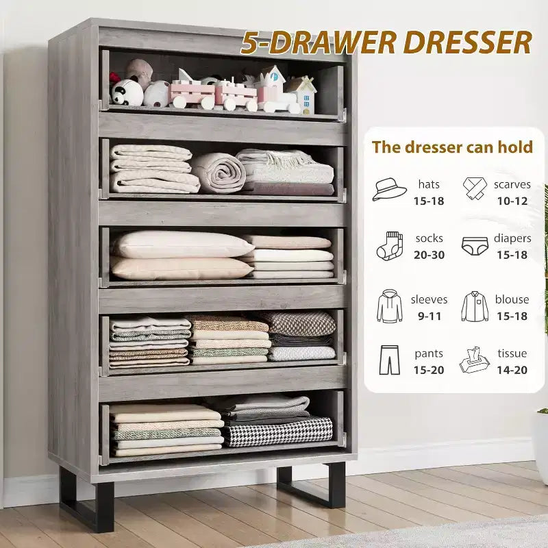 Commode verticale Acekool à 5 tiroirs, armoire de rangement haute de 130 cm avec tiroirs profonds pour chambre et entrée