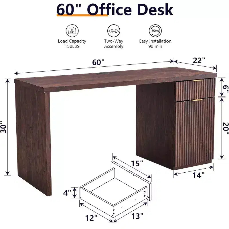 Bureau de direction de 60 po, bureau à domicile moderne en bois avec tiroir et armoire, bureau d'ordinateur cannelé pour salon, chambre à coucher