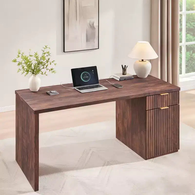 Bureau de direction de 60 po, bureau à domicile moderne en bois avec tiroir et armoire, bureau d'ordinateur cannelé pour salon, chambre à coucher