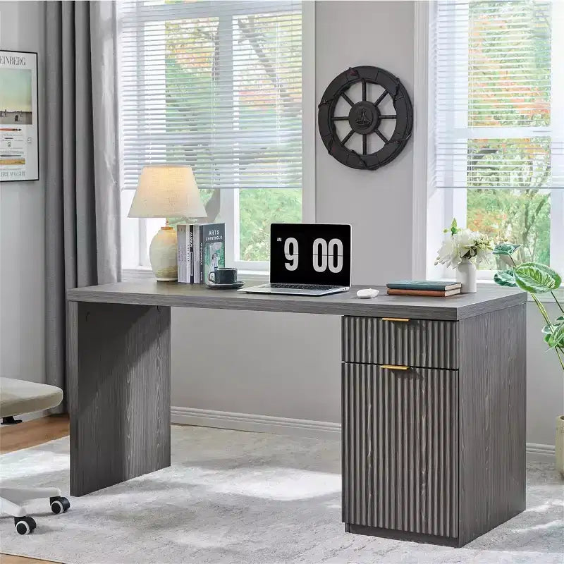 Bureau de direction de 60 po, bureau à domicile moderne en bois avec tiroir et armoire, bureau d'ordinateur cannelé pour salon, chambre à coucher
