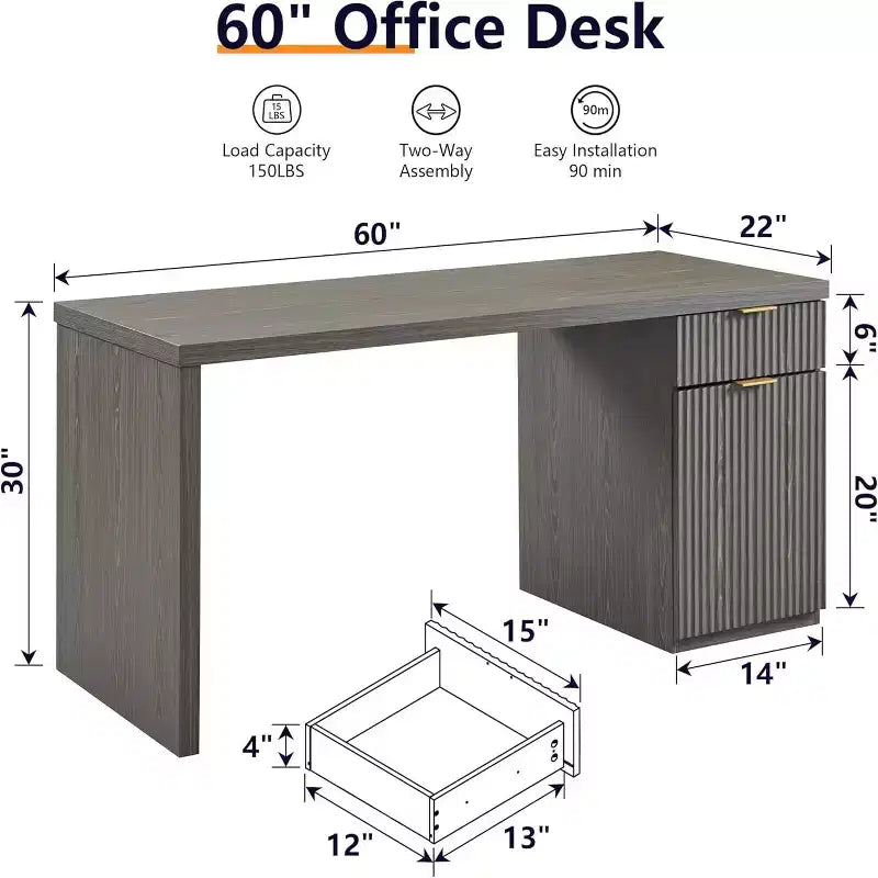Bureau de direction de 60 po, bureau à domicile moderne en bois avec tiroir et armoire, bureau d'ordinateur cannelé pour salon, chambre à coucher