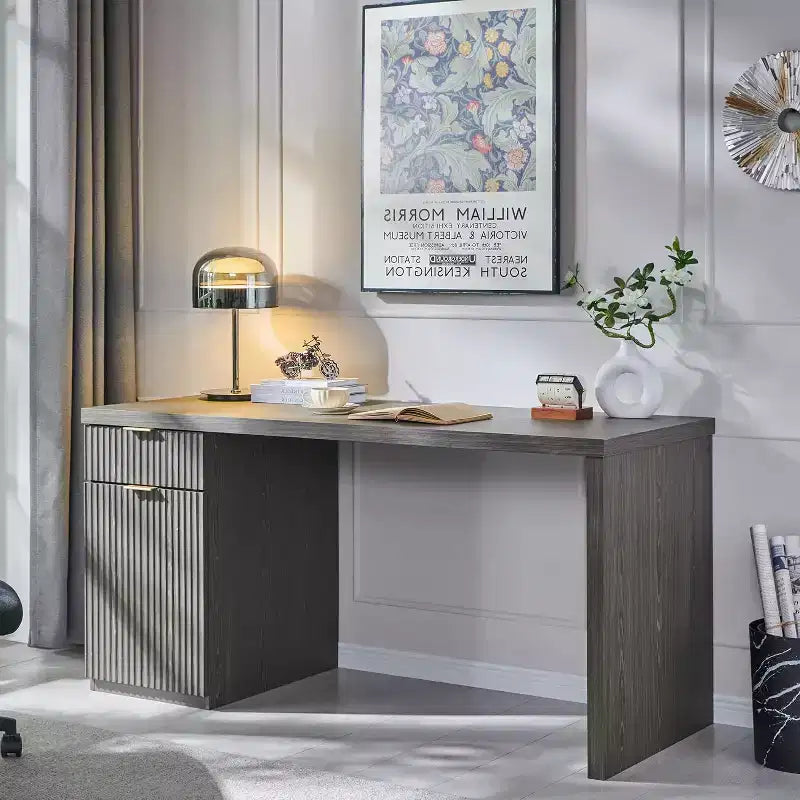 Bureau de direction de 60 po, bureau à domicile moderne en bois avec tiroir et armoire, bureau d'ordinateur cannelé pour salon, chambre à coucher