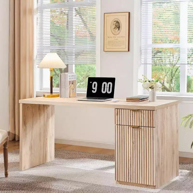 Bureau de direction de 60 po, bureau à domicile moderne en bois avec tiroir et armoire, bureau d'ordinateur cannelé pour salon, chambre à coucher