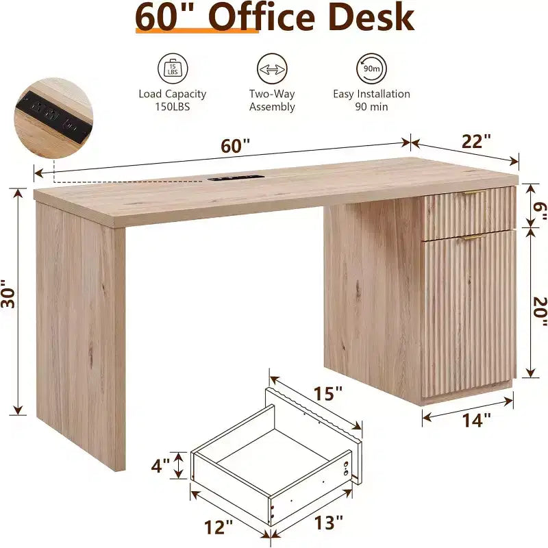 Bureau de direction de 60 po, bureau à domicile moderne en bois avec tiroir et armoire, bureau d'ordinateur cannelé pour salon, chambre à coucher