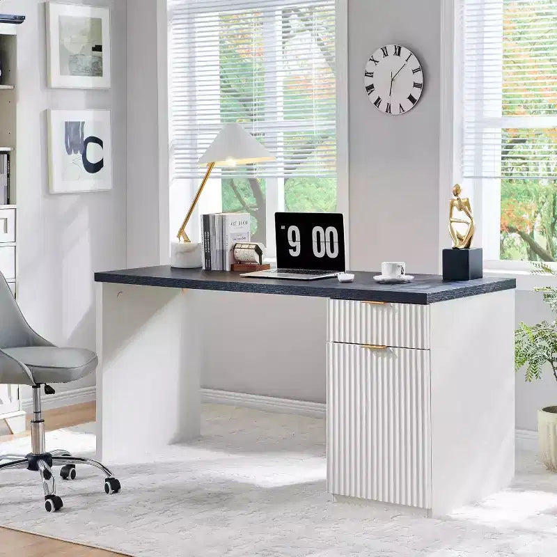 Bureau de direction de 60 po, bureau à domicile moderne en bois avec tiroir et armoire, bureau d'ordinateur cannelé pour salon, chambre à coucher