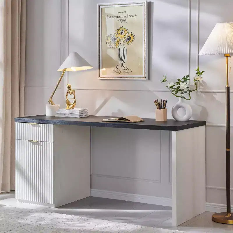 Bureau de direction de 60 po, bureau à domicile moderne en bois avec tiroir et armoire, bureau d'ordinateur cannelé pour salon, chambre à coucher