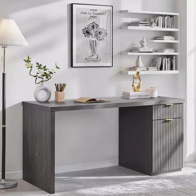 Bureau de direction de 60 po, bureau à domicile moderne en bois avec tiroir et armoire, bureau d'ordinateur cannelé pour salon, chambre à coucher