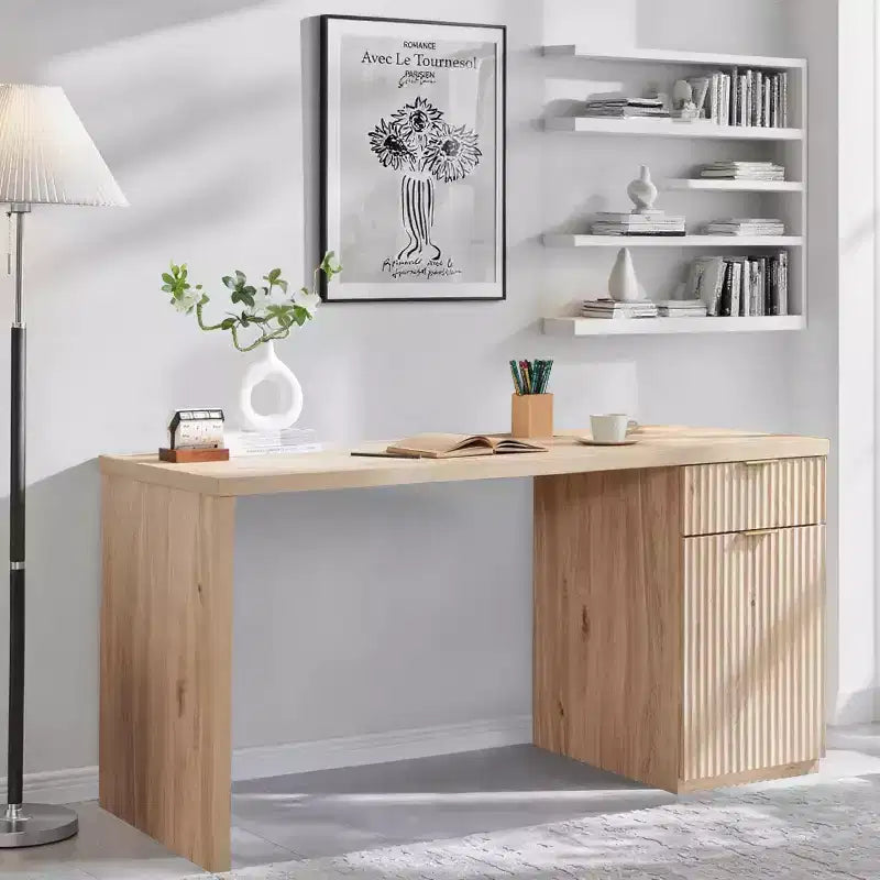 Bureau de direction de 60 po, bureau à domicile moderne en bois avec tiroir et armoire, bureau d'ordinateur cannelé pour salon, chambre à coucher