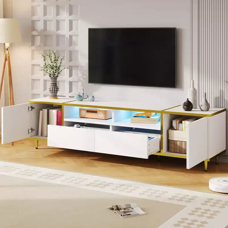 Meuble TV moderne CLIHOME 70,9" pour téléviseurs jusqu'à 80 pouces, meuble TV avec lumières LED, centre de divertissement avec 2 étagères