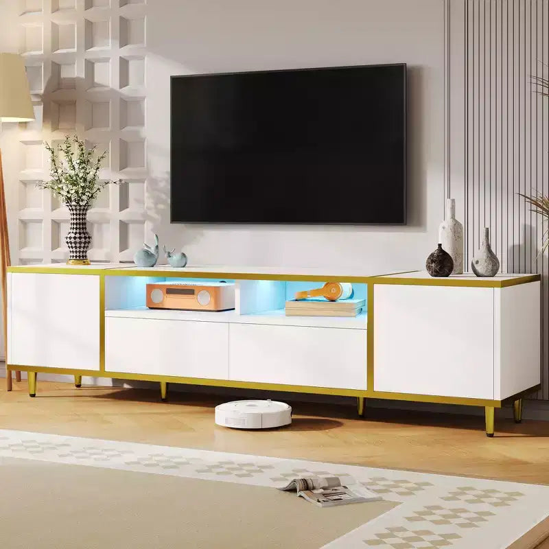 Meuble TV moderne CLIHOME 70,9" pour téléviseurs jusqu'à 80 pouces, meuble TV avec lumières LED, centre de divertissement avec 2 étagères