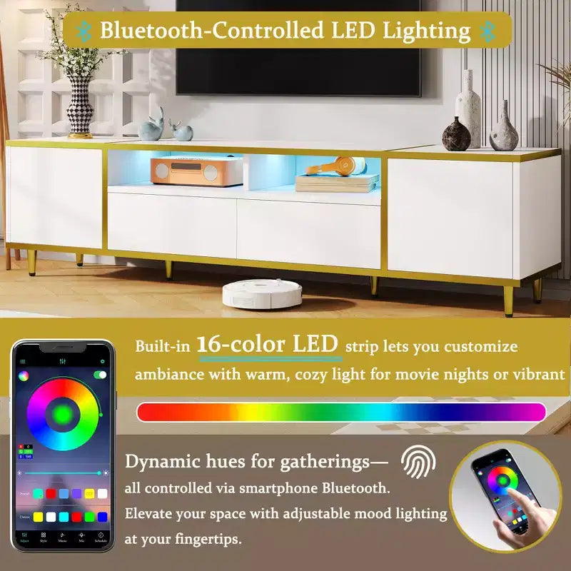 Meuble TV moderne CLIHOME 70,9" pour téléviseurs jusqu'à 80 pouces, meuble TV avec lumières LED, centre de divertissement avec 2 étagères