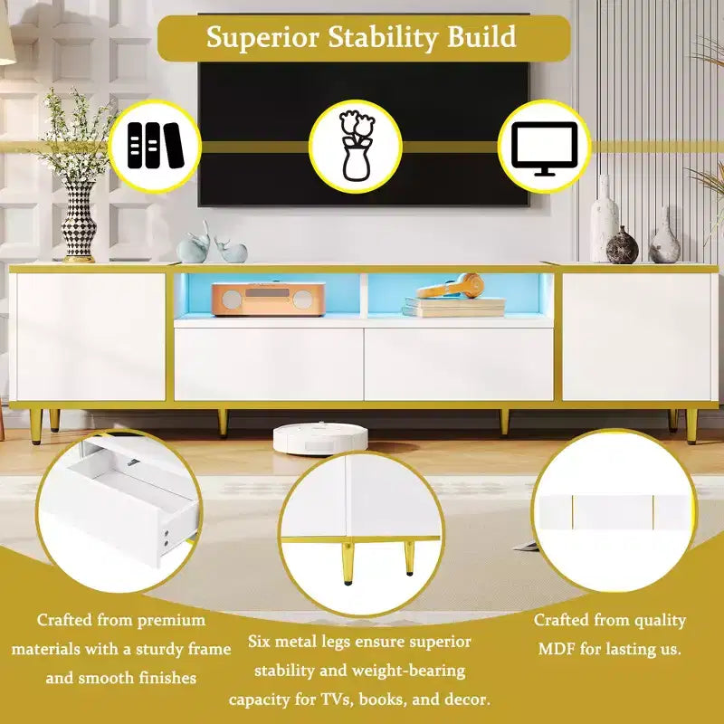 Meuble TV moderne CLIHOME 70,9" pour téléviseurs jusqu'à 80 pouces, meuble TV avec lumières LED, centre de divertissement avec 2 étagères