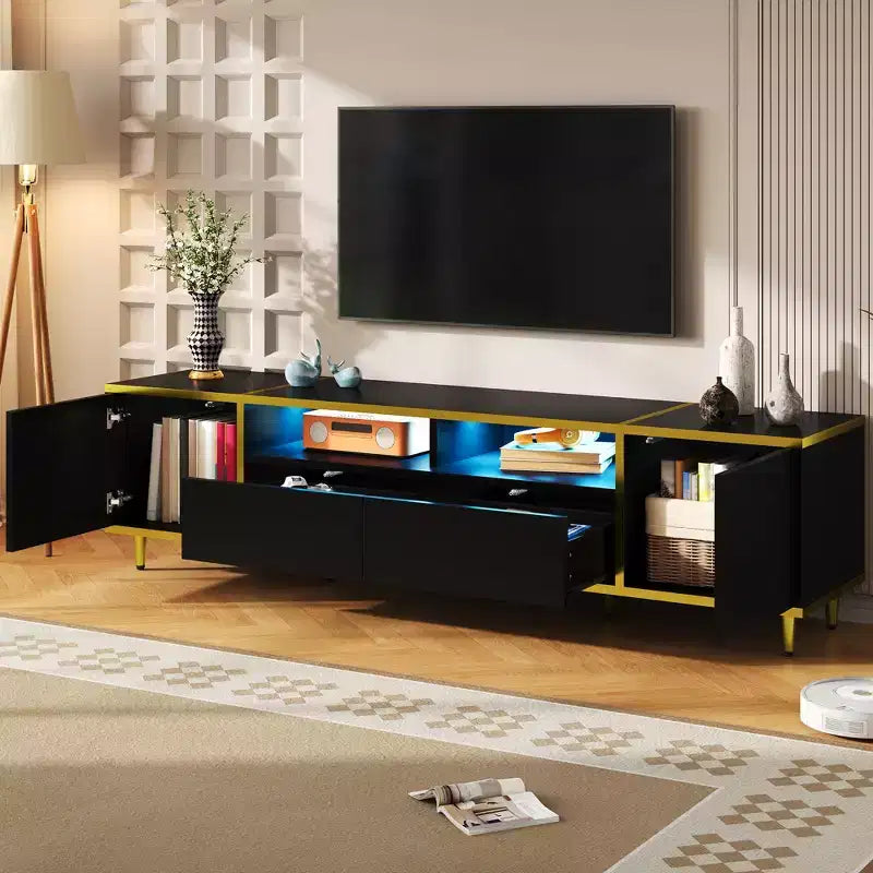 Meuble TV moderne CLIHOME 70,9" pour téléviseurs jusqu'à 80 pouces, meuble TV avec lumières LED, centre de divertissement avec 2 étagères