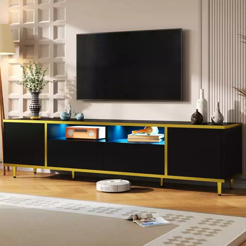 Meuble TV moderne CLIHOME 70,9" pour téléviseurs jusqu'à 80 pouces, meuble TV avec lumières LED, centre de divertissement avec 2 étagères