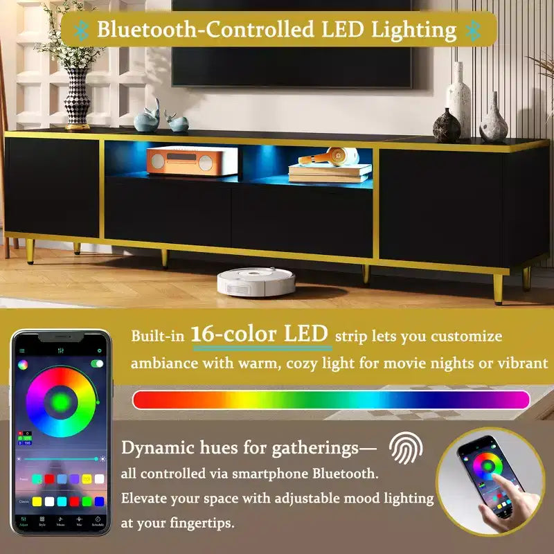 Meuble TV moderne CLIHOME 70,9" pour téléviseurs jusqu'à 80 pouces, meuble TV avec lumières LED, centre de divertissement avec 2 étagères