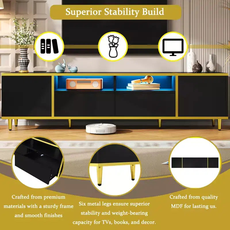Meuble TV moderne CLIHOME 70,9" pour téléviseurs jusqu'à 80 pouces, meuble TV avec lumières LED, centre de divertissement avec 2 étagères