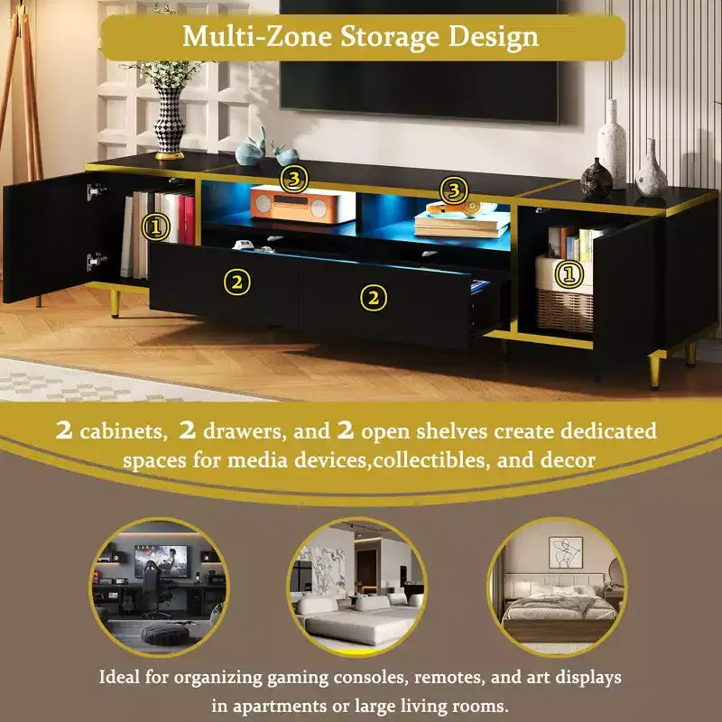 Meuble TV moderne CLIHOME 70,9" pour téléviseurs jusqu'à 80 pouces, meuble TV avec lumières LED, centre de divertissement avec 2 étagères