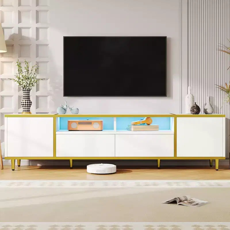 Meuble TV moderne CLIHOME 70,9" pour téléviseurs jusqu'à 80 pouces, meuble TV avec lumières LED, centre de divertissement avec 2 étagères