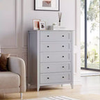 Commode à 5 tiroirs, table de chevet moderne et haute avec tiroirs profonds et poignée ronde en nickel, armoire de rangement en bois, blanche