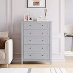 Commode à 5 tiroirs, table de chevet moderne et haute avec tiroirs profonds et poignée ronde en nickel, armoire de rangement en bois, blanche