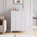 Commode à 5 tiroirs, table de chevet moderne et haute avec tiroirs profonds et poignée ronde en nickel, armoire de rangement en bois, blanche
