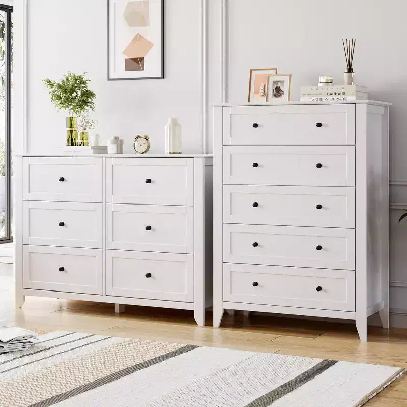 Commode à 5 tiroirs, table de chevet moderne et haute avec tiroirs profonds et poignée ronde en nickel, armoire de rangement en bois, blanche