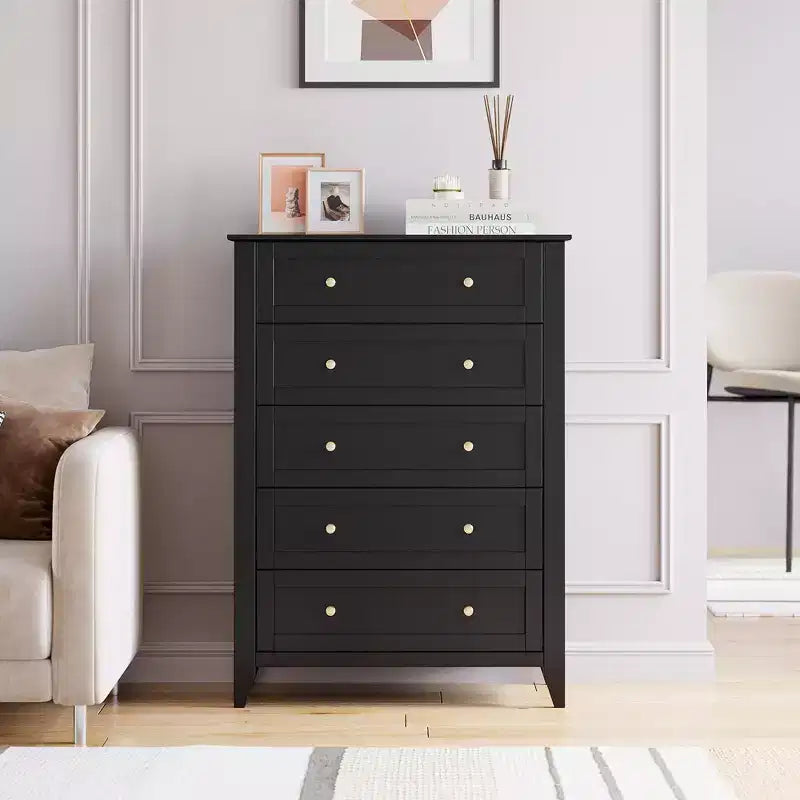 Commode à 5 tiroirs, table de chevet moderne et haute avec tiroirs profonds et poignée ronde en nickel, armoire de rangement en bois, blanche