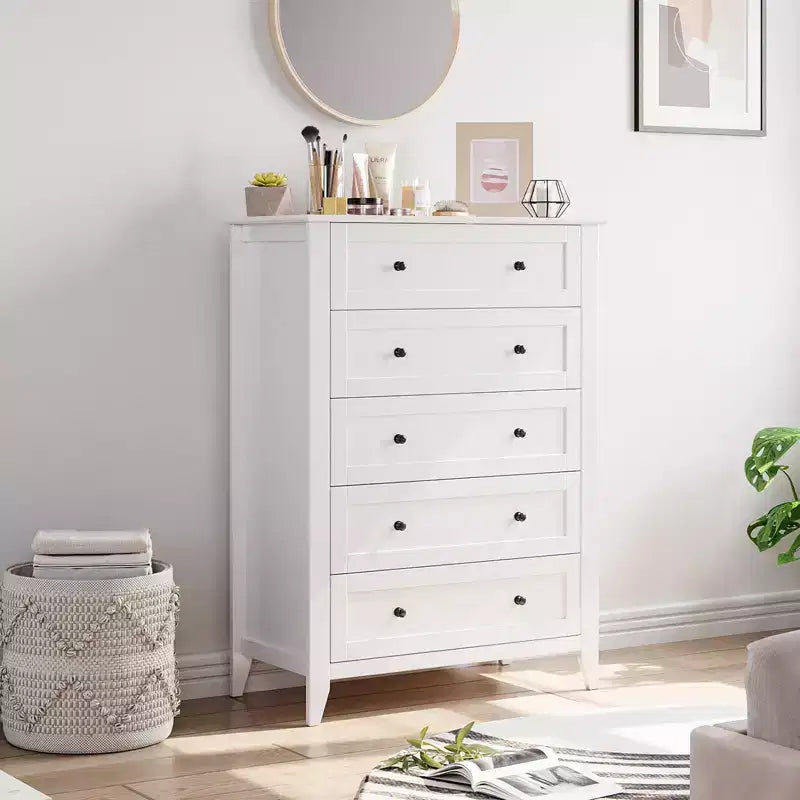 Commode à 5 tiroirs, table de chevet moderne et haute avec tiroirs profonds et poignée ronde en nickel, armoire de rangement en bois, blanche
