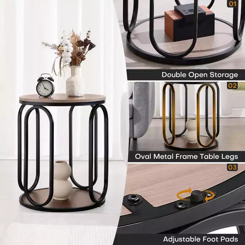Bekrvio Petite table d'appoint ronde à 2 niveaux avec rangement, table de bout industrielle en bois de 50 cm pour salon, chambre, bureau, salle de bain