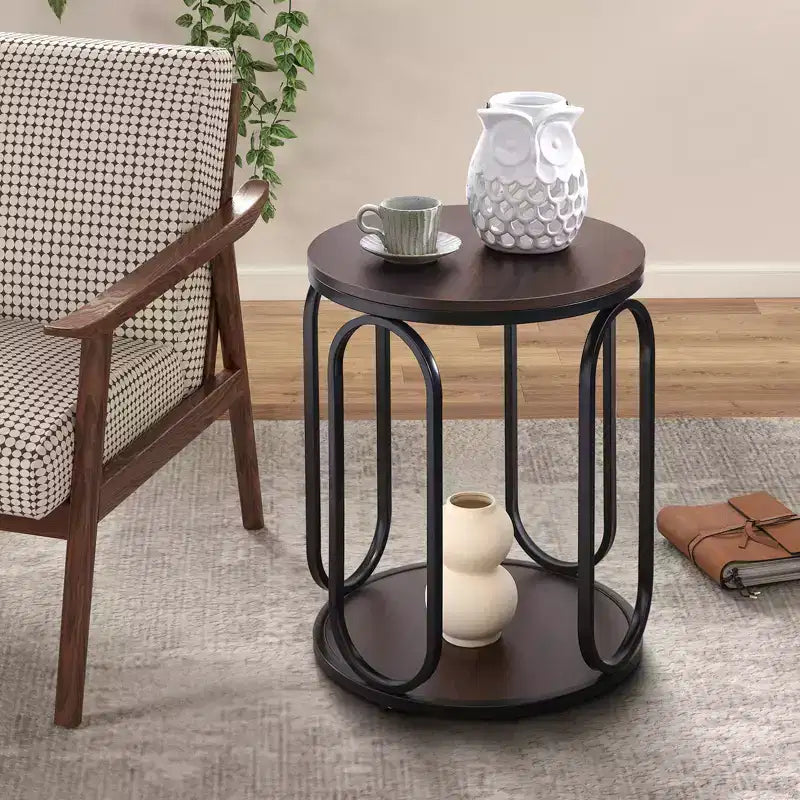 Bekrvio Petite table d'appoint ronde à 2 niveaux avec rangement, table de bout industrielle en bois de 50 cm pour salon, chambre, bureau, salle de bain