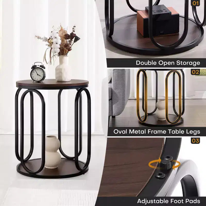 Bekrvio Petite table d'appoint ronde à 2 niveaux avec rangement, table de bout industrielle en bois de 50 cm pour salon, chambre, bureau, salle de bain