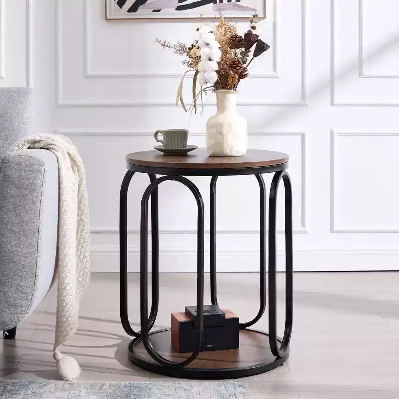 Bekrvio Petite table d'appoint ronde à 2 niveaux avec rangement, table de bout industrielle en bois de 50 cm pour salon, chambre, bureau, salle de bain
