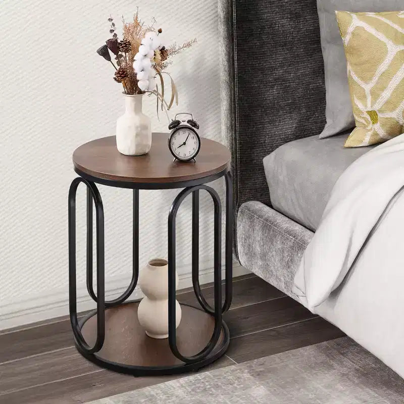 Bekrvio Petite table d'appoint ronde à 2 niveaux avec rangement, table de bout industrielle en bois de 50 cm pour salon, chambre, bureau, salle de bain