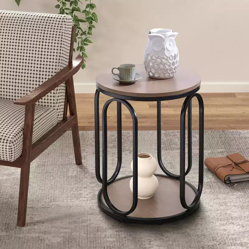 Bekrvio Petite table d'appoint ronde à 2 niveaux avec rangement, table de bout industrielle en bois de 50 cm pour salon, chambre, bureau, salle de bain