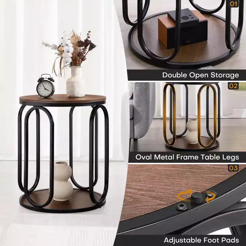 Bekrvio Petite table d'appoint ronde à 2 niveaux avec rangement, table de bout industrielle en bois de 50 cm pour salon, chambre, bureau, salle de bain