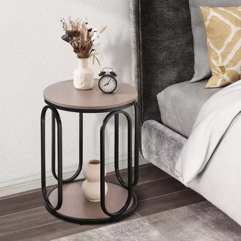 Bekrvio Petite table d'appoint ronde à 2 niveaux avec rangement, table de bout industrielle en bois de 50 cm pour salon, chambre, bureau, salle de bain