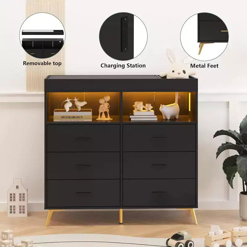 Commode à langer avec matelas à langer, lumières LED et station de charge, Station à langer avec plan à langer