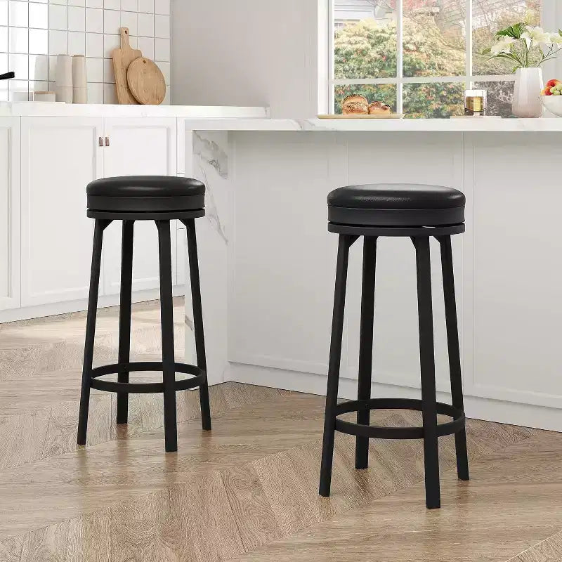 360 Swivel Bar Stool Set of 4, PU Leather Upholstered Counter Height Bar Stool w/Metal Footrests, Modern Barstool for Kitchen, Dinig Rooms, Black