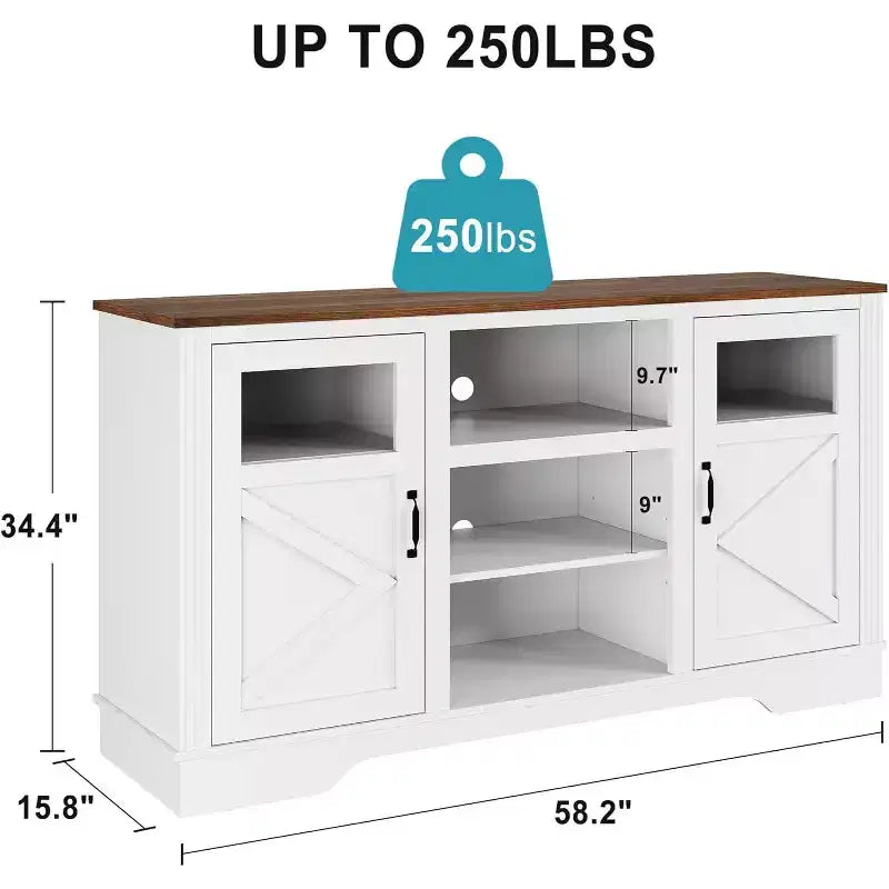 Meuble TV haut 34" Washed Ash pour TV 65", meuble de divertissement avec placards de rangement, éclairage LED, prise de courant, console multimédia