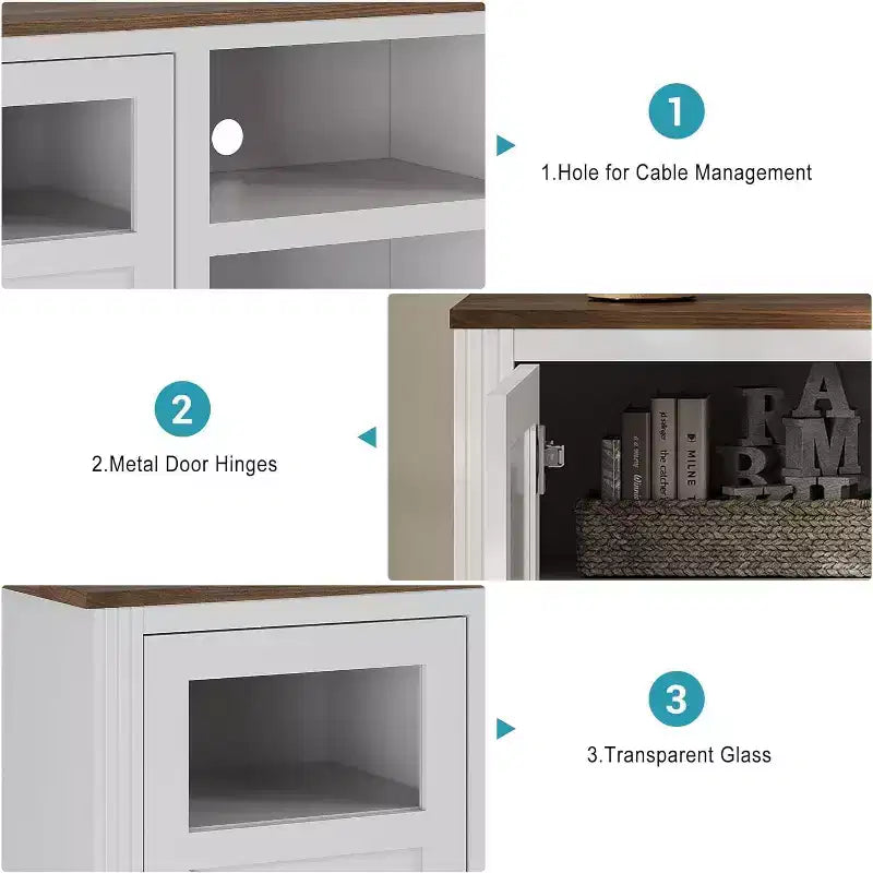 Meuble TV haut 34" Washed Ash pour TV 65", meuble de divertissement avec placards de rangement, éclairage LED, prise de courant, console multimédia